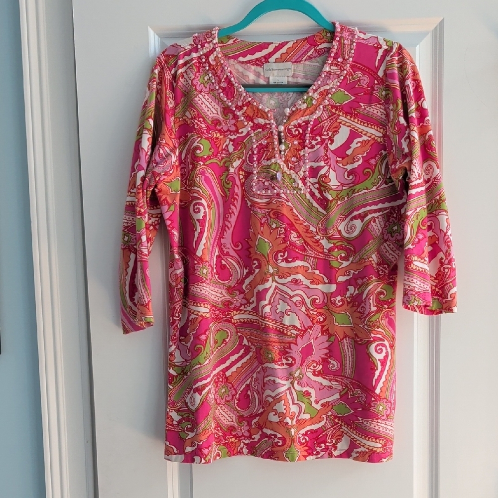 Soft Surroundings Pink and Green Paisley Top